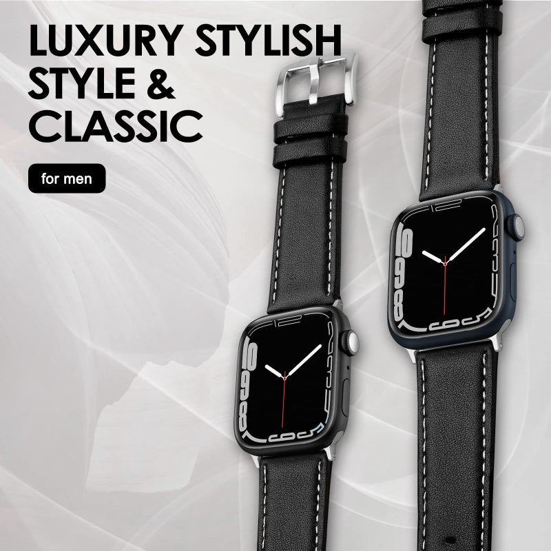SWEES Leather Band Compatible for Apple Watch 42mm 44mm 45mm, Genuine Leather Replacement Wristband Strap Compatible iWatch Series 7 6 5 4 3 2 1 SE Sports & Edition Men And Women, Classic Black - Image 5